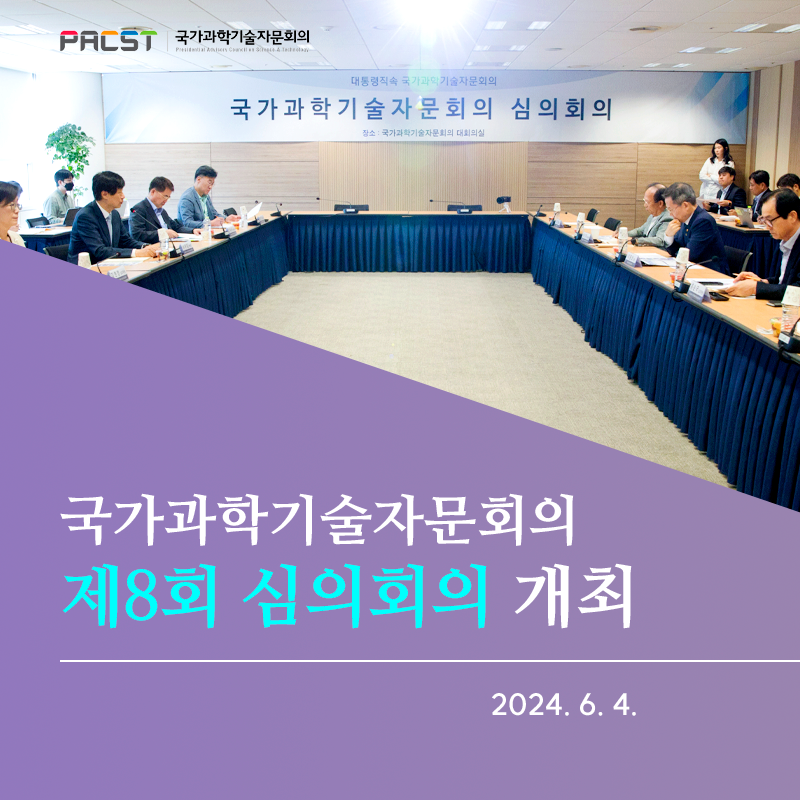 PACST 국가과학기술자문회의 심의회의 대통령직속 국가과학기술자문회의 국가과학기술자문회의 심의회의 장소 : 국가과학기술자문회의 대회의실 국가과학기술자문회의 제8회 심의회의 개최 2024.6.4.