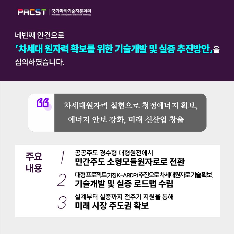 PACST 국가과학기술자문회의 네번째 안건으로 차세대 원자력 확보를 위한 기술개발 및 실증 추진방안을 심의하였습니다. 차세대원자력 실현으로 청정에너지 확보, 에너지 안보 강화, 미래 신산업 창출 주요내용 1.공공주도 경수형 대형원전에서 민간주도 소형모듈원자로로 전환 2.대형 프로젝트(가칭K-ARDP) 추진으로 차세대원자로 기술 확보, 기술개발 및 실증 로드맵 수립 3. 설계부터 실증까지 전주기 지원을 통해 미래 시장 주도권 확보